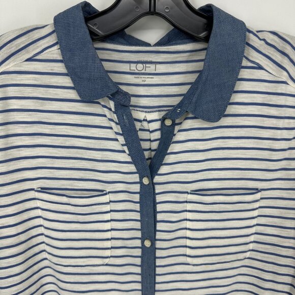 3/$25 LOFT Striped Polo Top MP Button Down Chambray White - Picture 6 of 8